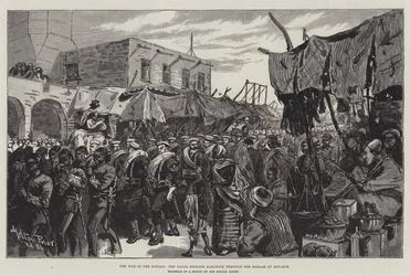 De Oorlog in de Soedan, de Marinebrigade marcheert door de Bazaar in Souakim